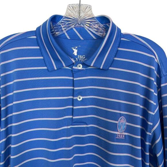 F & G Tech Size Large Mens Blue Pink White Striped Golf Polo Shirt Performance - Picture 1 of 9
